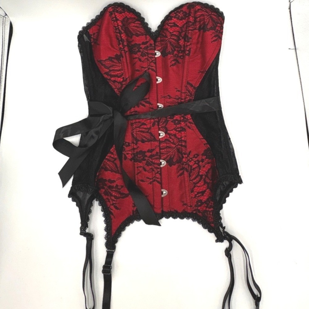 Adore Me Red Black Lace Garter Corset Sweetheart Busk Front XS LIN-CO-09771-COR View 6